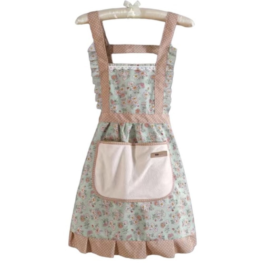Apron Bib Sweet Vintage Retro Vibe Pockets Waist Tie Floral Polka Dot Green
